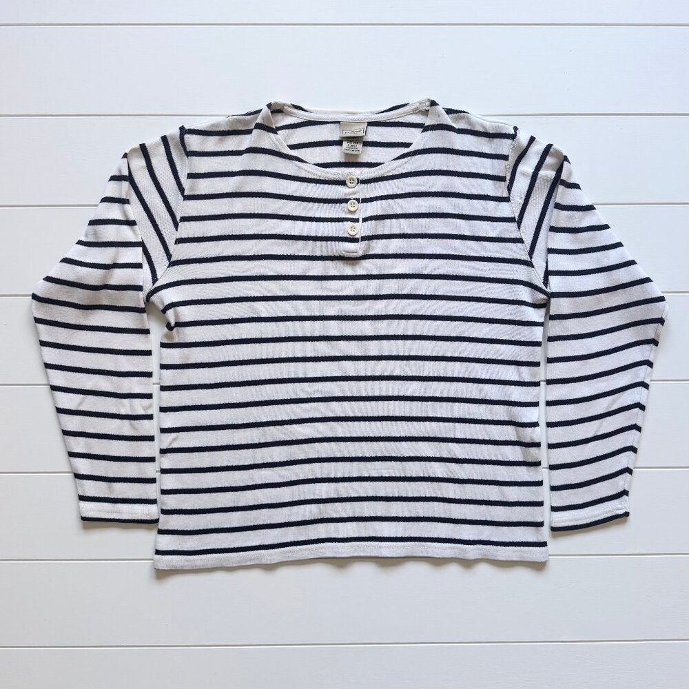 L.L. Bean Cream & Navy Striped Long Sleeve Shirt, Women's M Reg